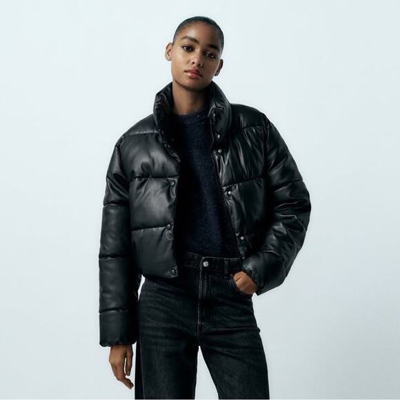 ZARA Black Faux Leather Puffer Jacket Cropped Size Small Quilted Winter Coat - Picture 1 of 13